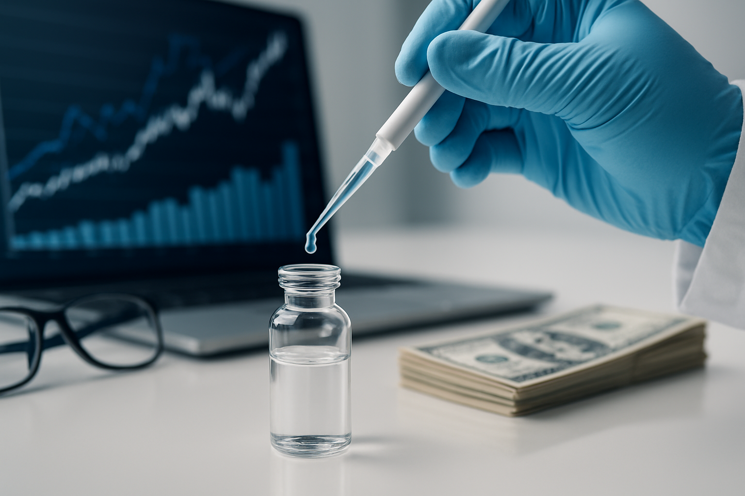 A hand in a blue glove holding a pipette over a clear vial, with a blurred graph on a laptop and stacks of cash in the b