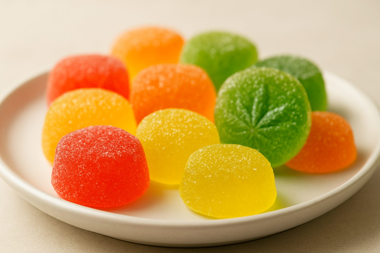 Colorful gummy candies arranged on a plate, resembling cannabis edibles like gummy bears or fruit chews